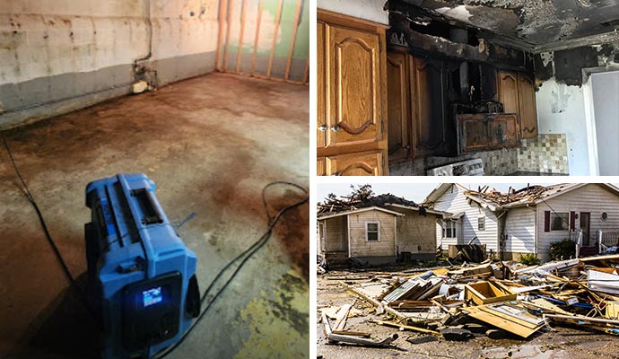 collage of water, fire, and storm damage restoration