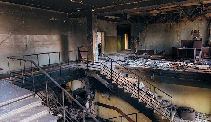 The interior of a building severely damaged by fire