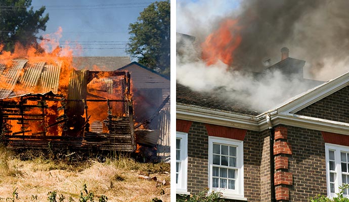 collage of barn, and apartment fire damage