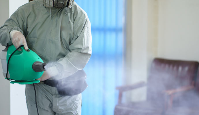 A person disinfecting a room