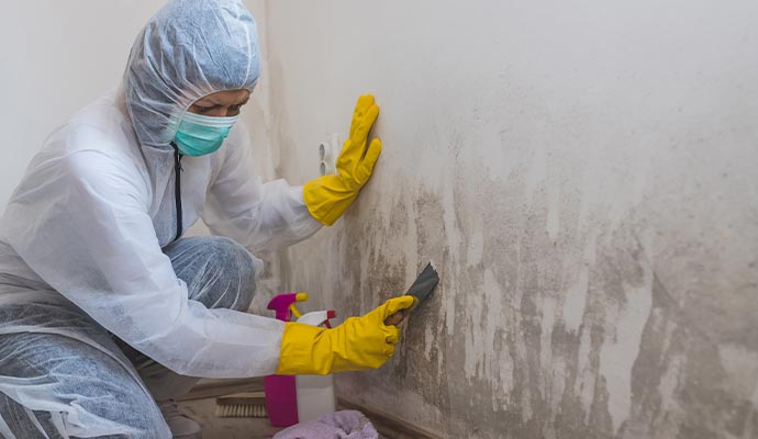 professional worker removing mold from the wall