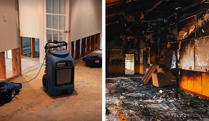 collage of water and fire damage restoration