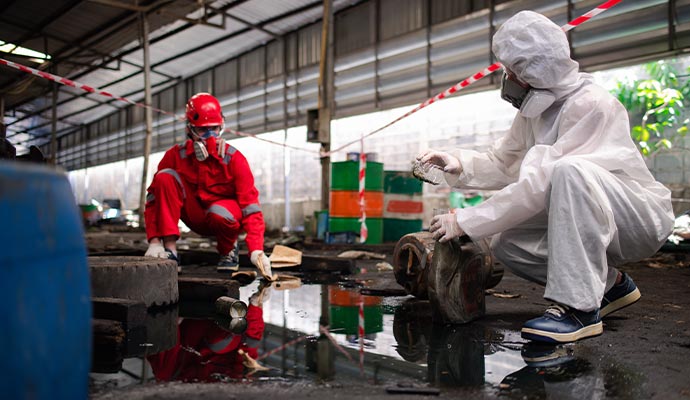 Professional worker cleaning heating oil spill