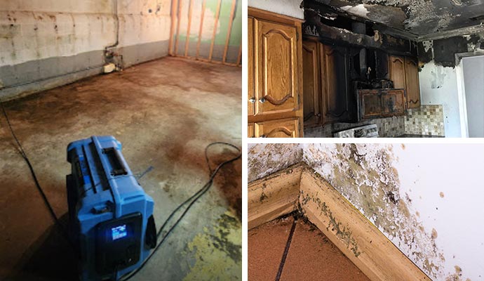 collage of water fire and mold damage restoration