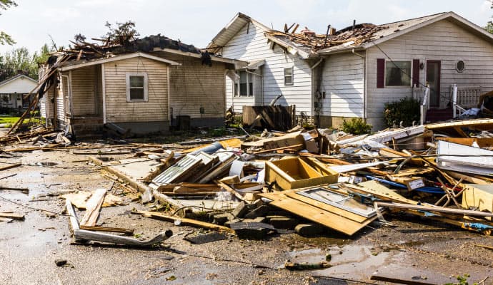 Tornado-damaged houses with debris