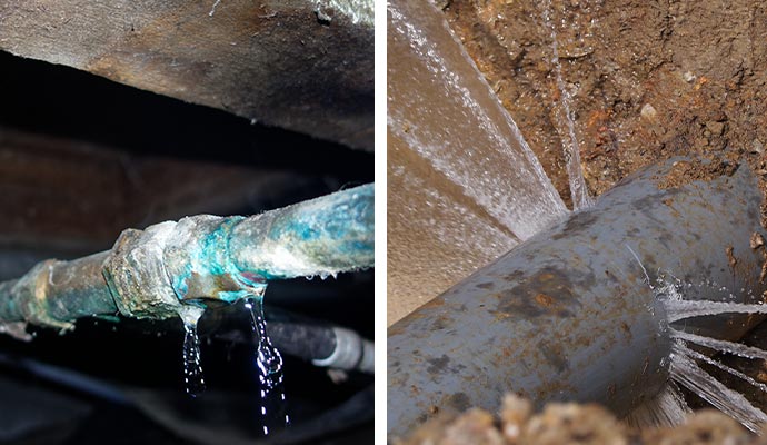 collage of burst pipe and main water line break