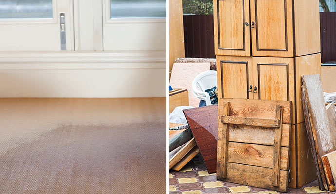 collage of wet carpet and water damaged furniture